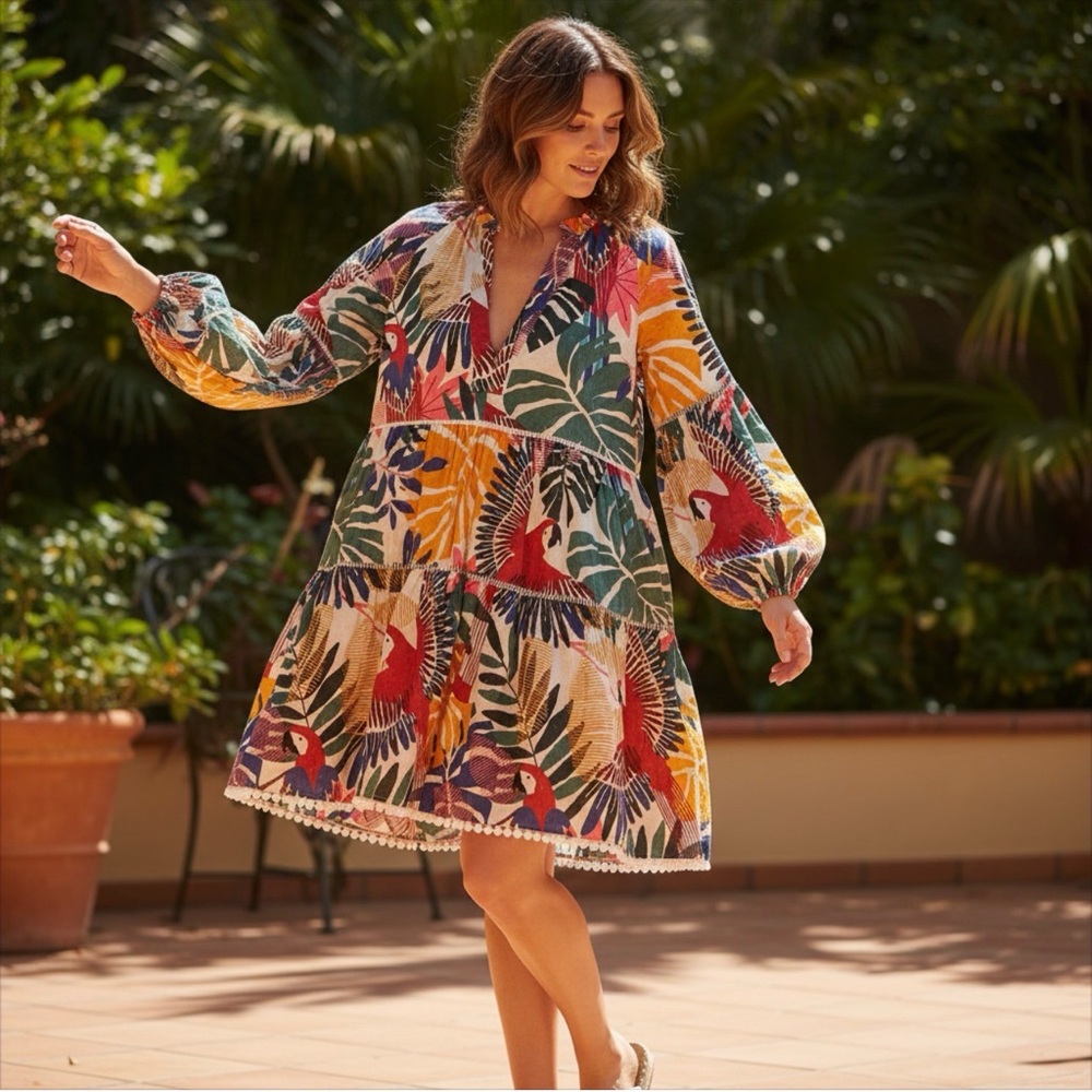 FARM Rio Multicolor Long Sleeve Dress Macaw Mini DressXS EUC Resortwear Vacation - Picture 9 of 11